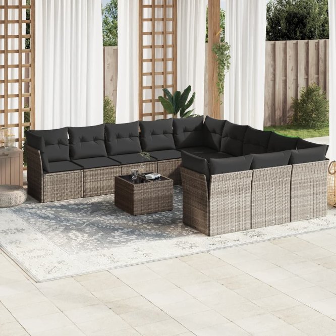 11-tlg. Garten-Sofagarnitur mit Kissen Schwarz Poly Rattan