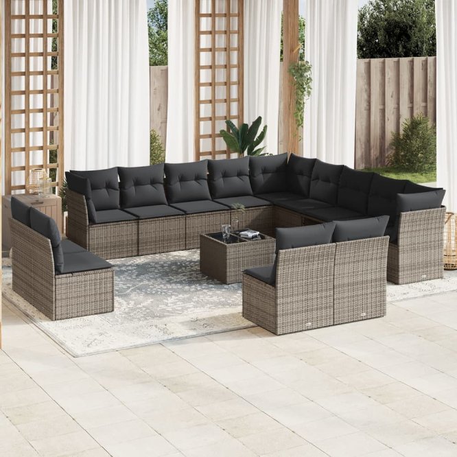 13-tlg. Garten-Sofagarnitur mit Kissen Schwarz Poly Rattan