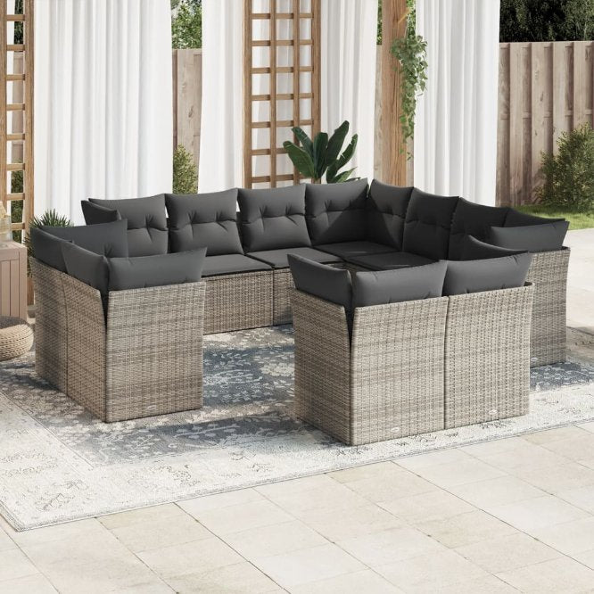 11-tlg. Garten-Sofagarnitur mit Kissen Schwarz Poly Rattan