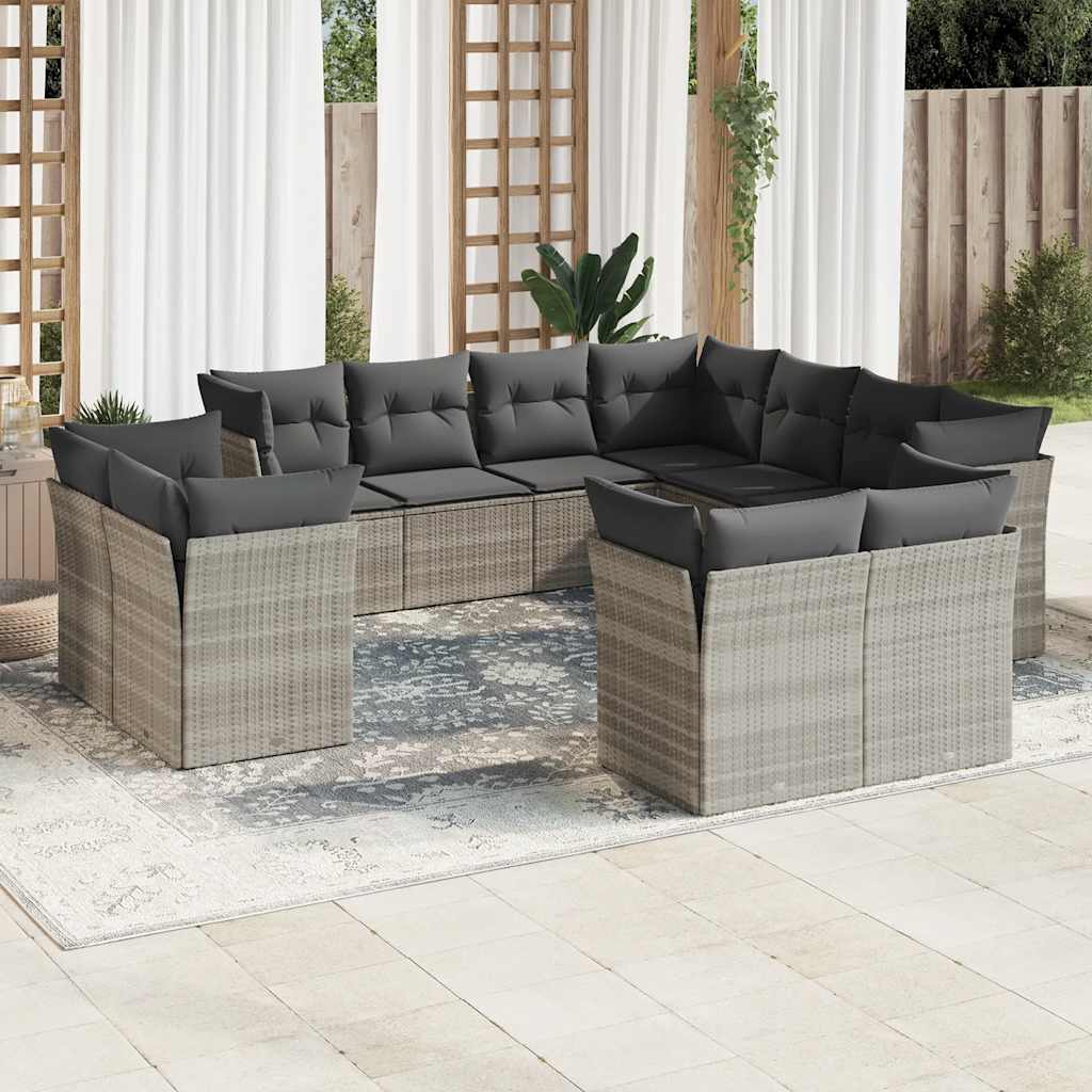 11-tlg. Garten-Sofagarnitur mit Kissen Schwarz Poly Rattan