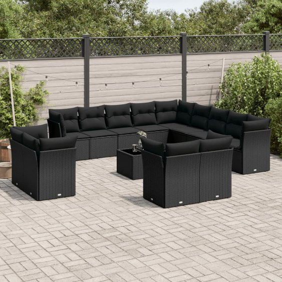 13-tlg. Garten-Sofagarnitur mit Kissen Schwarz Poly Rattan
