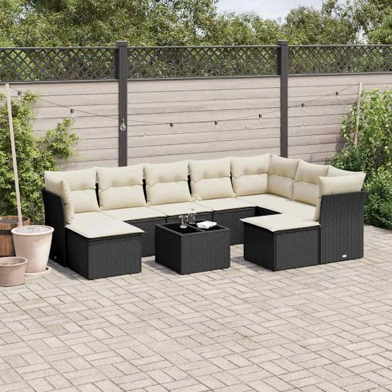 9-tlg. Garten-Sofagarnitur mit Kissen Schwarz Poly Rattan