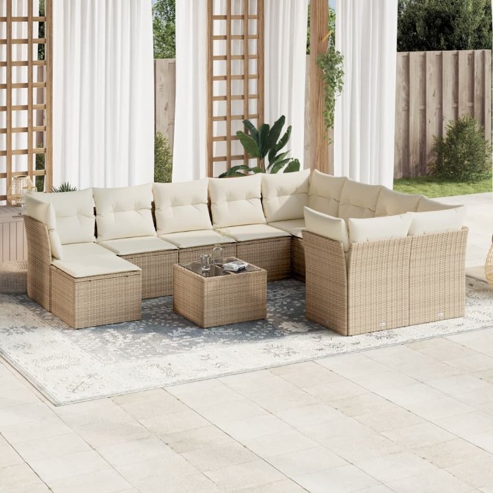 11-tlg. Garten-Sofagarnitur mit Kissen Schwarz Poly Rattan
