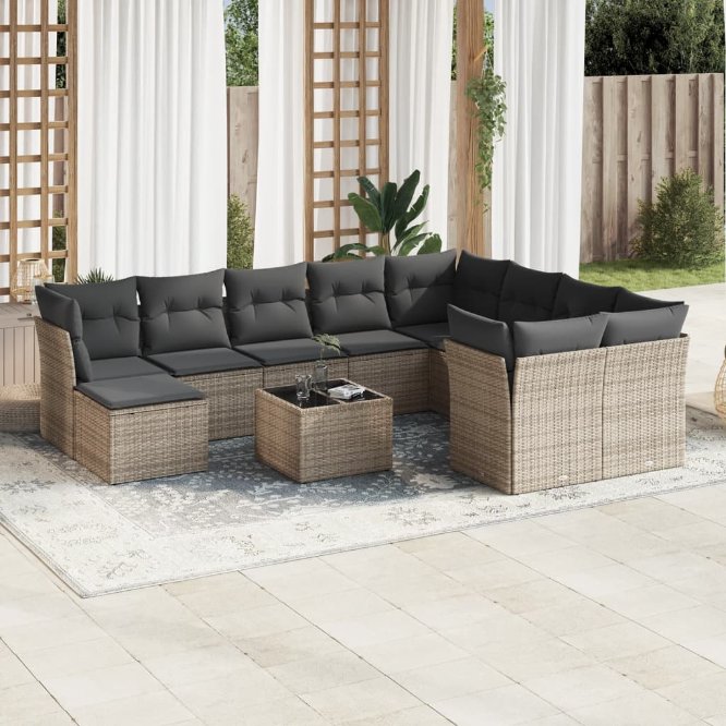 11-tlg. Garten-Sofagarnitur mit Kissen Schwarz Poly Rattan