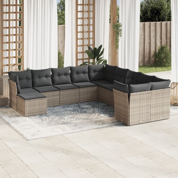 11-tlg. Garten-Sofagarnitur mit Kissen Schwarz Poly Rattan