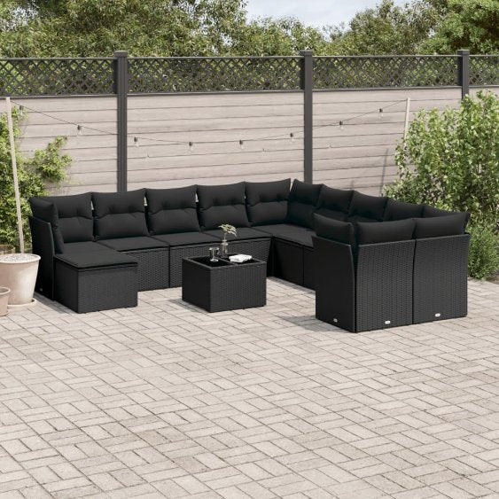 11-tlg. Garten-Sofagarnitur mit Kissen Schwarz Poly Rattan
