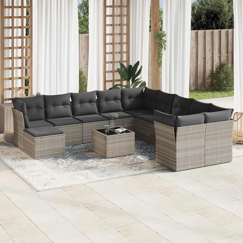 11-tlg. Garten-Sofagarnitur mit Kissen Schwarz Poly Rattan