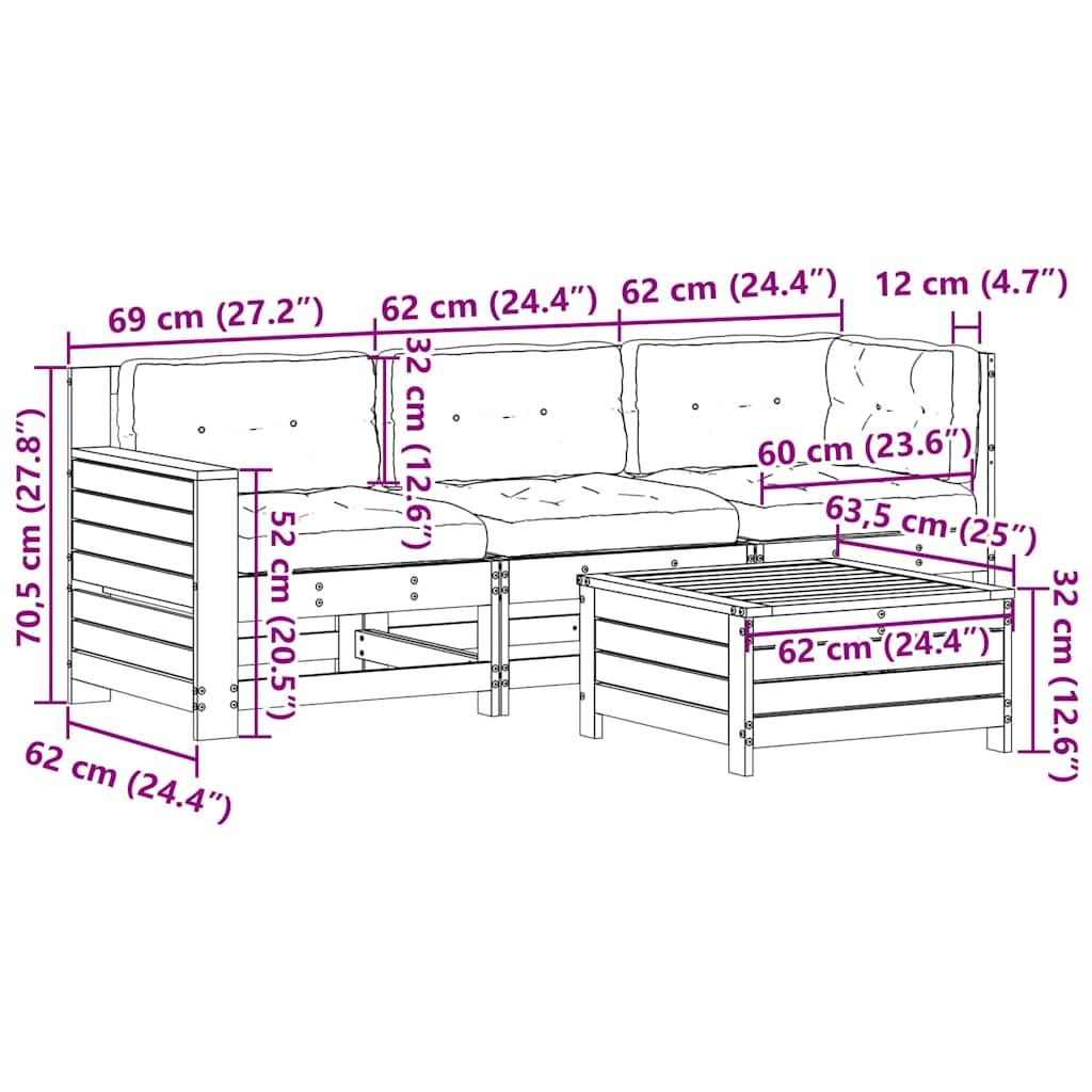 4-tlg. Garten-Lounge-Set mit Kissen Weiß Massivholz Kiefer