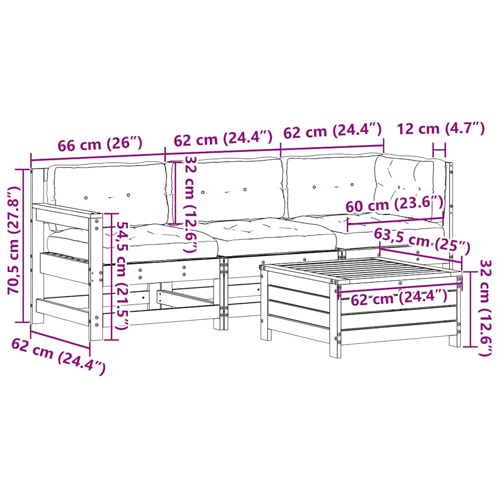 4-tlg. Garten-Lounge-Set mit Kissen Weiß Massivholz Kiefer