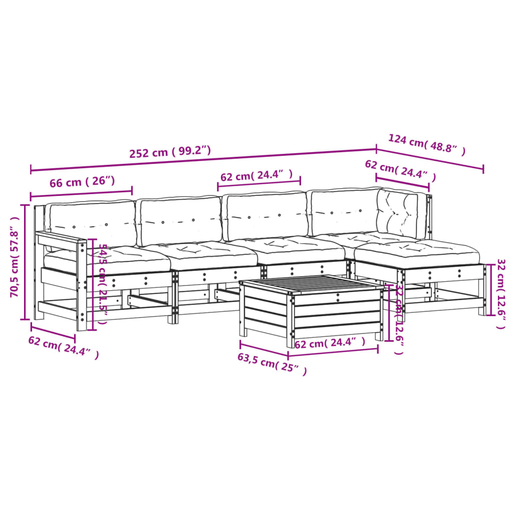 6-tlg. Garten-Lounge-Set mit Kissen Massivholz Kiefer