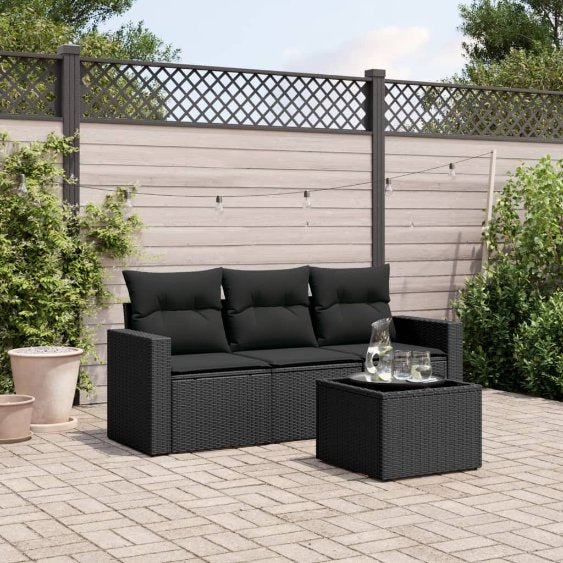vidaXL 3-tlg. Garten-Sofagarnitur mit Kissen Schwarz Poly Rattan