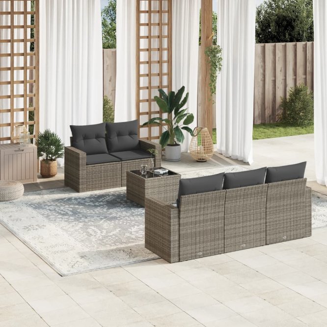 vidaXL 6-tlg. Garten-Sofagarnitur mit Kissen Schwarz Poly Rattan