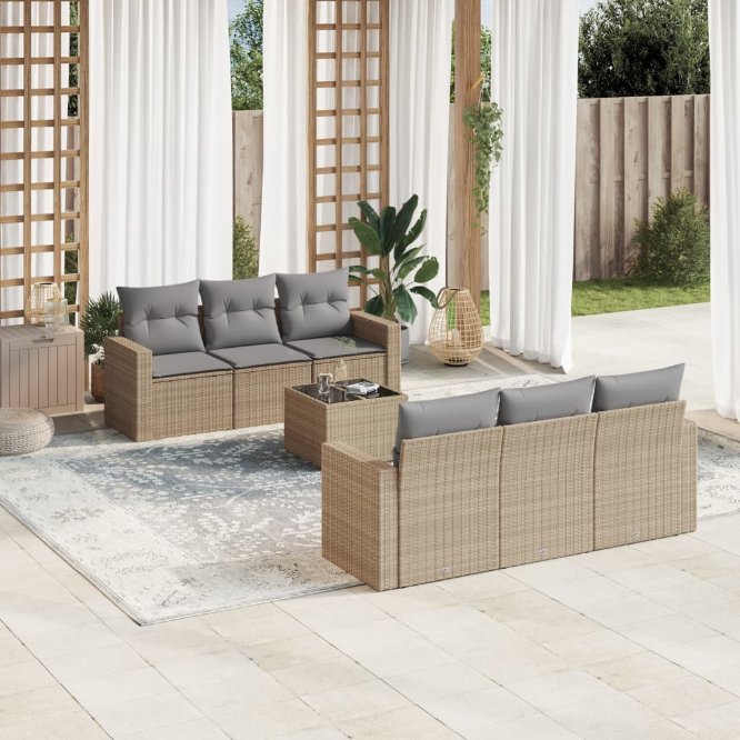 vidaXL 7-tlg. Garten-Sofagarnitur mit Kissen Schwarz Poly Rattan