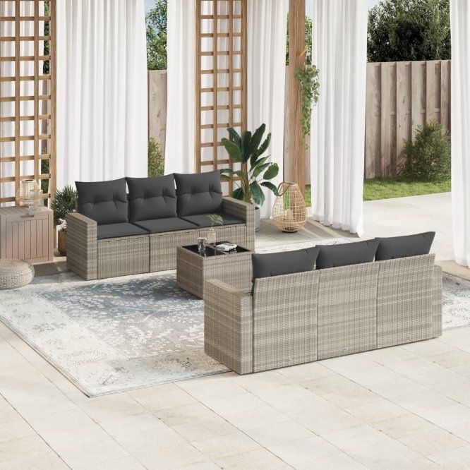 vidaXL 7-tlg. Garten-Sofagarnitur mit Kissen Schwarz Poly Rattan