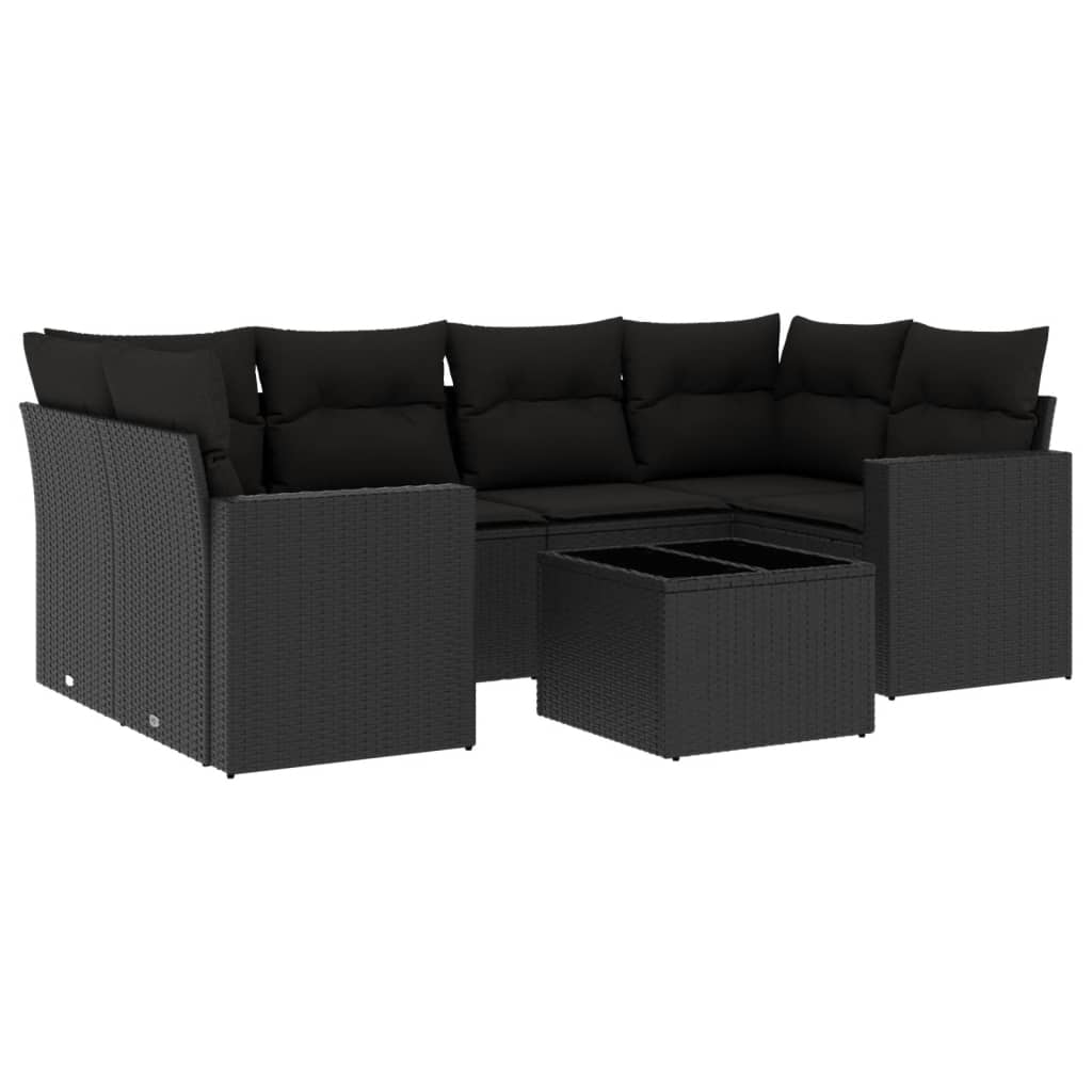 vidaXL 7-tlg. Garten-Sofagarnitur mit Kissen Schwarz Poly Rattan