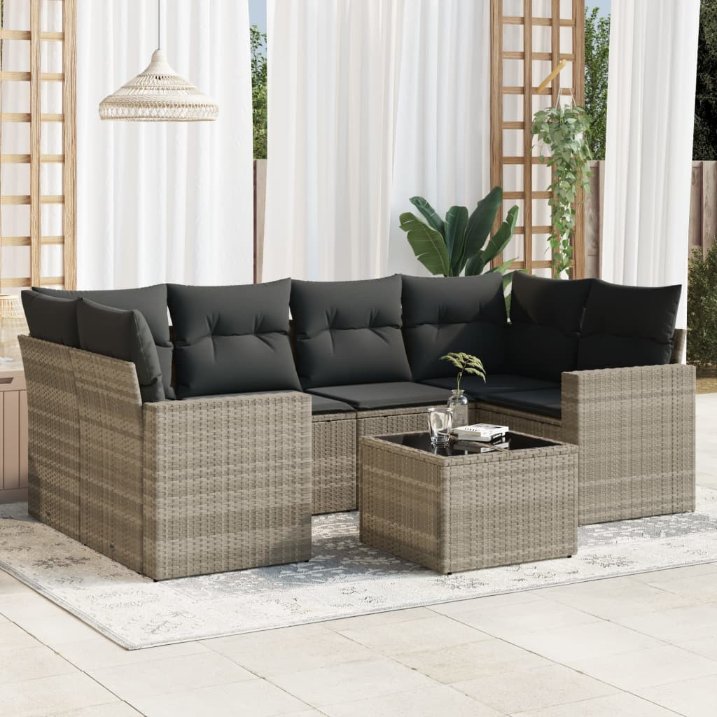 vidaXL 7-tlg. Garten-Sofagarnitur mit Kissen Schwarz Poly Rattan