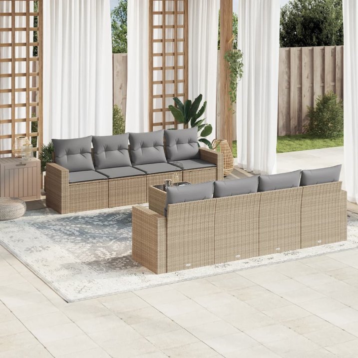 vidaXL 9-tlg. Garten-Sofagarnitur mit Kissen Schwarz Poly Rattan