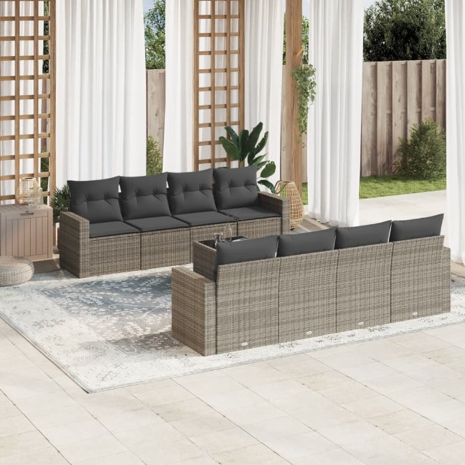 vidaXL 9-tlg. Garten-Sofagarnitur mit Kissen Schwarz Poly Rattan