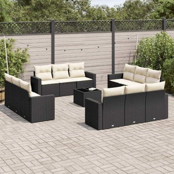 vidaXL 12-tlg. Garten-Sofagarnitur mit Kissen Schwarz Poly Rattan