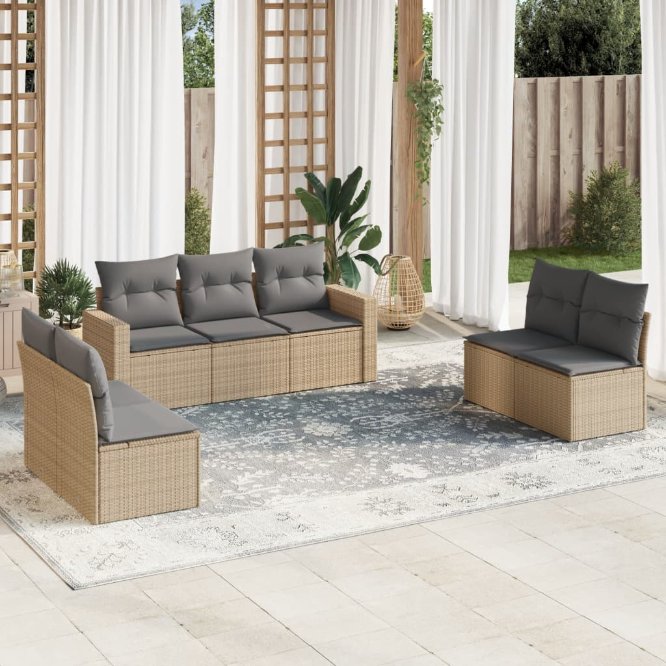 vidaXL 7-tlg. Garten-Sofagarnitur mit Kissen Schwarz Poly Rattan