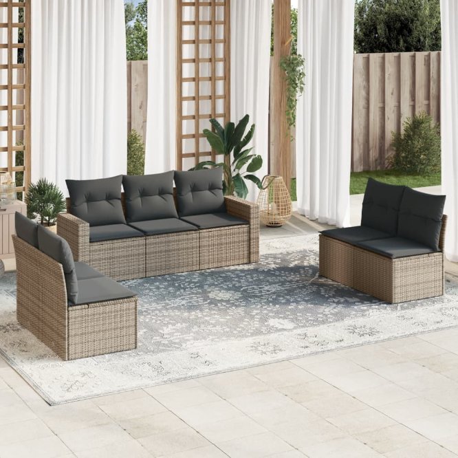 vidaXL 7-tlg. Garten-Sofagarnitur mit Kissen Schwarz Poly Rattan