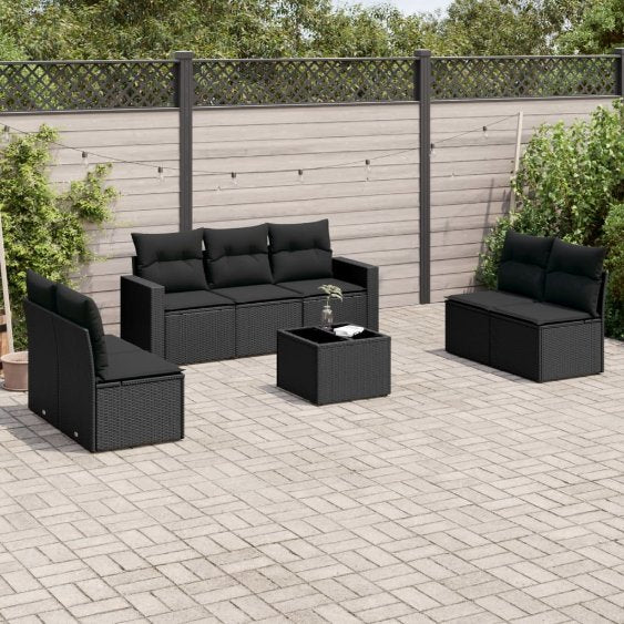 vidaXL 7-tlg. Garten-Sofagarnitur mit Kissen Schwarz Poly Rattan