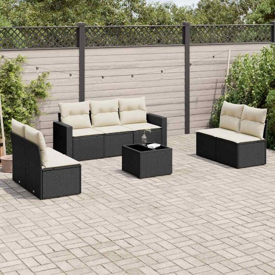 vidaXL 7-tlg. Garten-Sofagarnitur mit Kissen Schwarz Poly Rattan