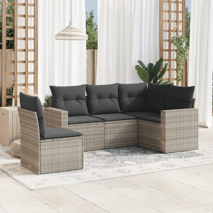 vidaXL 5-tlg. Garten-Sofagarnitur mit Kissen Schwarz Poly Rattan