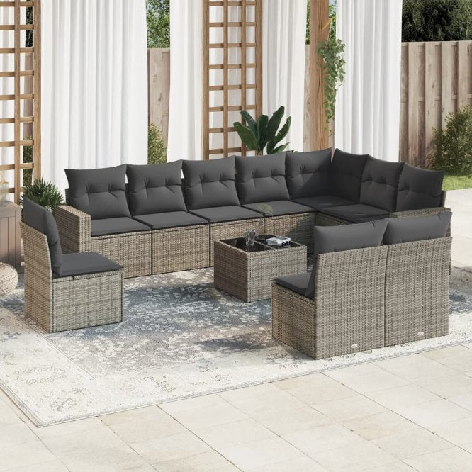 vidaXL 10-tlg. Garten-Sofagarnitur mit Kissen Schwarz Poly Rattan