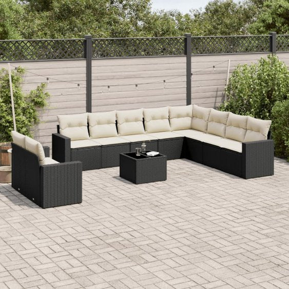 vidaXL 10-tlg. Garten-Sofagarnitur mit Kissen Schwarz Poly Rattan