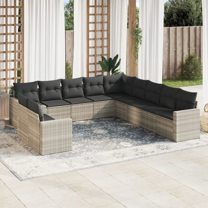vidaXL 11-tlg. Garten-Sofagarnitur mit Kissen Schwarz Poly Rattan