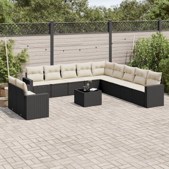 vidaXL 11-tlg. Garten-Sofagarnitur mit Kissen Schwarz Poly Rattan