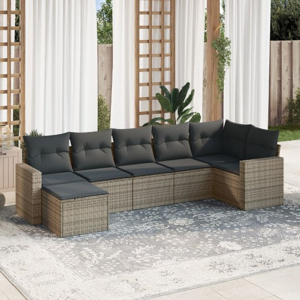 vidaXL 7-tlg. Garten-Sofagarnitur mit Kissen Schwarz Poly Rattan