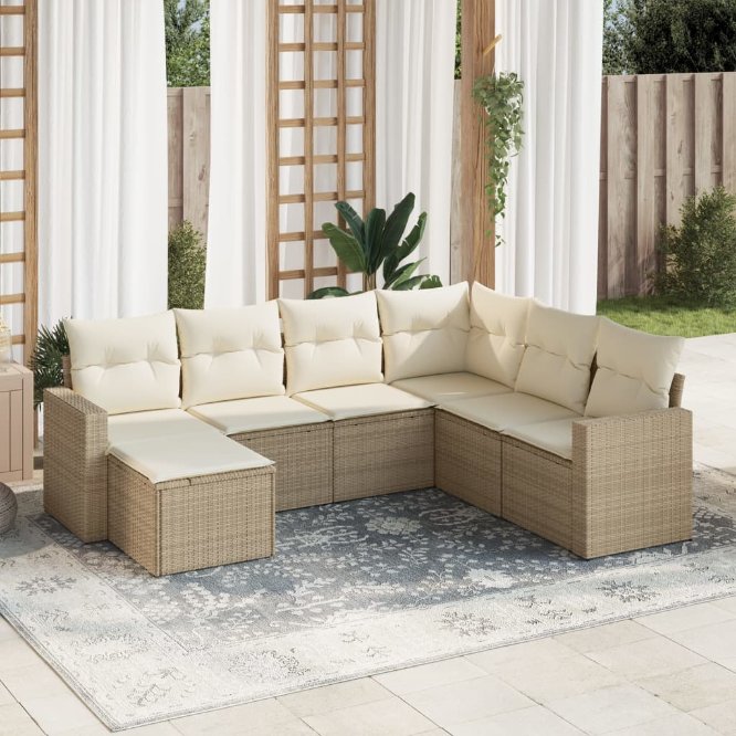vidaXL 7-tlg. Garten-Sofagarnitur mit Kissen Schwarz Poly Rattan
