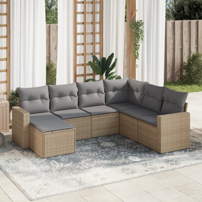 vidaXL 7-tlg. Garten-Sofagarnitur mit Kissen Schwarz Poly Rattan