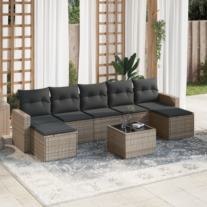 vidaXL 7-tlg. Garten-Sofagarnitur mit Kissen Schwarz Poly Rattan