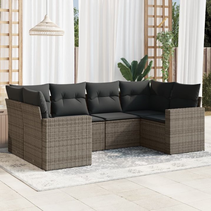 vidaXL 6-tlg. Garten-Sofagarnitur mit Kissen Schwarz Poly Rattan