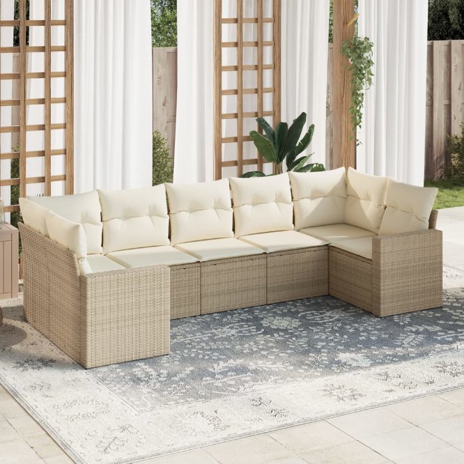 vidaXL 7-tlg. Garten-Sofagarnitur mit Kissen Schwarz Poly Rattan