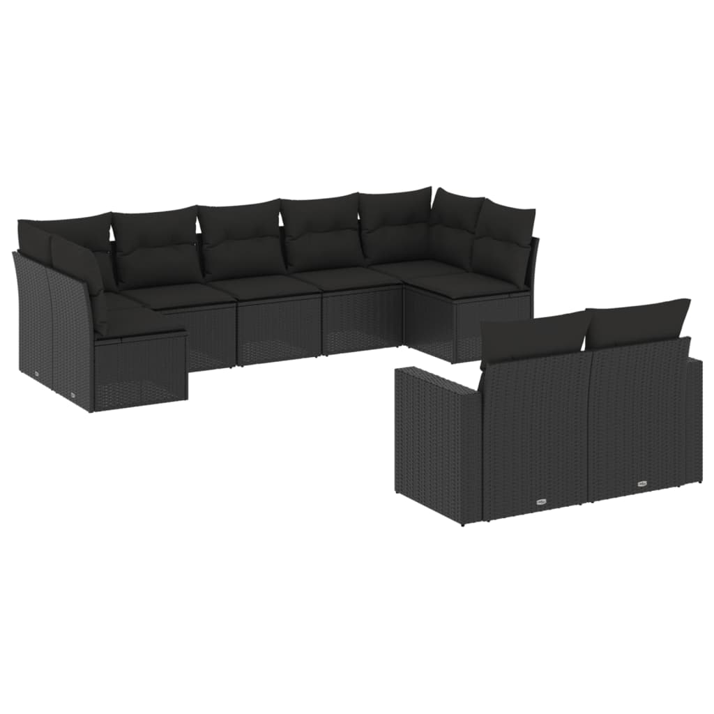 vidaXL 9-tlg. Garten-Sofagarnitur mit Kissen Schwarz Poly Rattan