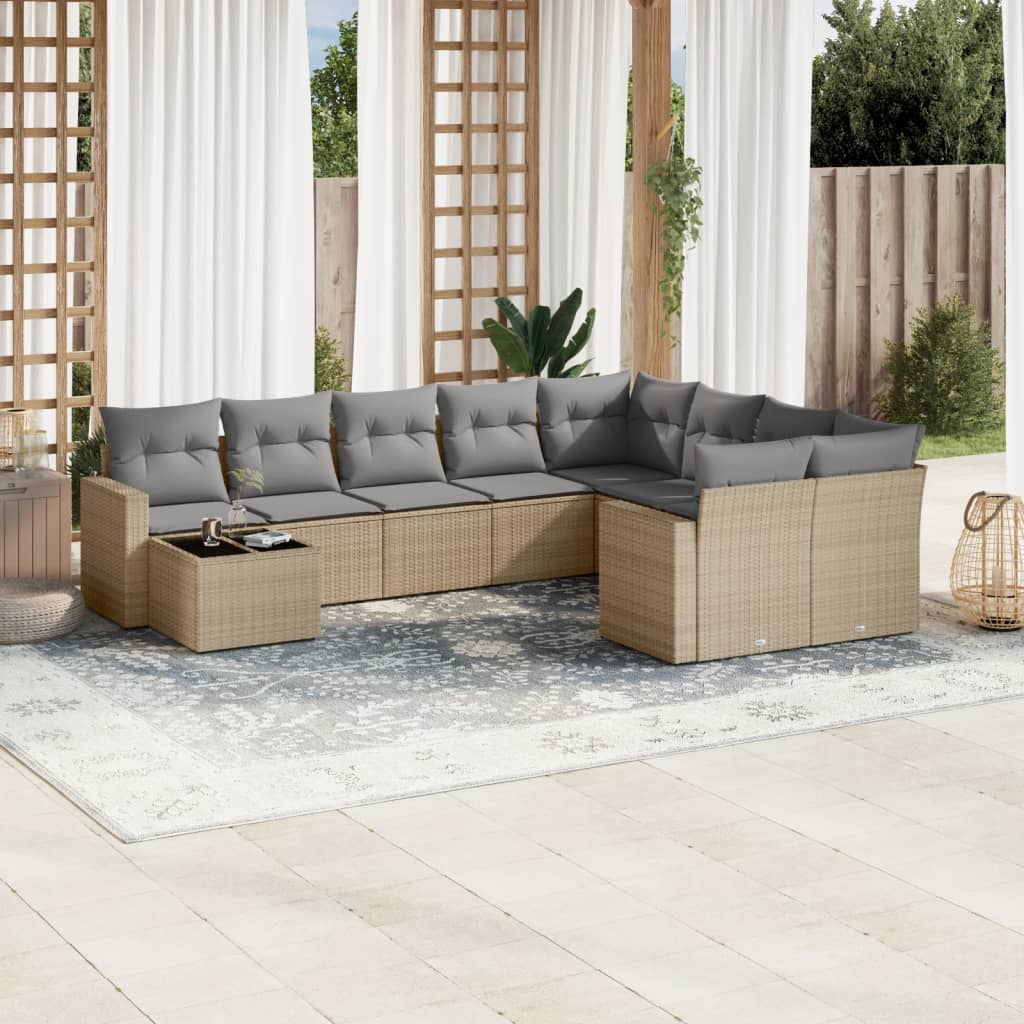 vidaXL 10-tlg. Garten-Sofagarnitur mit Kissen Schwarz Poly Rattan