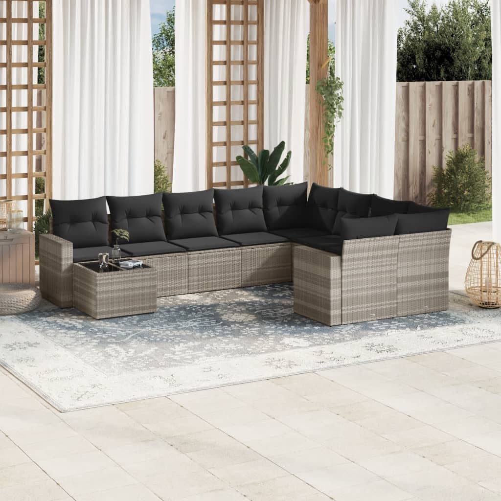 vidaXL 10-tlg. Garten-Sofagarnitur mit Kissen Schwarz Poly Rattan
