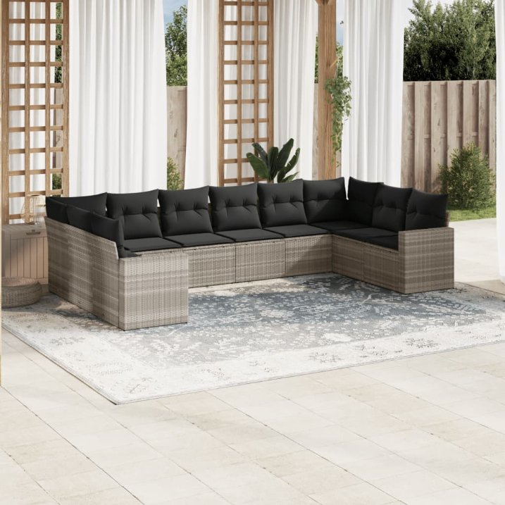 vidaXL 10-tlg. Garten-Sofagarnitur mit Kissen Schwarz Poly Rattan