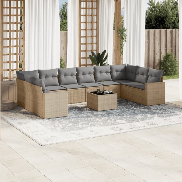 vidaXL 10-tlg. Garten-Sofagarnitur mit Kissen Schwarz Poly Rattan