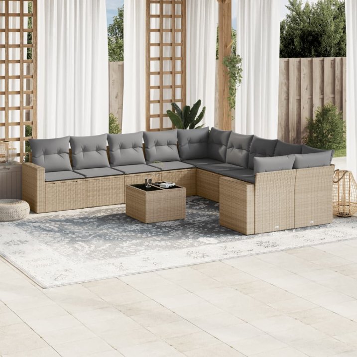 vidaXL 10-tlg. Garten-Sofagarnitur mit Kissen Schwarz Poly Rattan