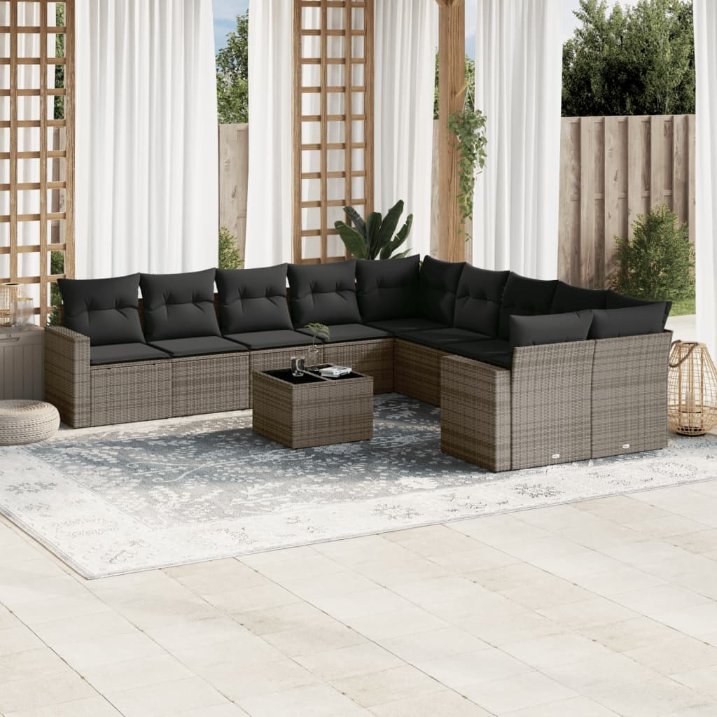 vidaXL 10-tlg. Garten-Sofagarnitur mit Kissen Schwarz Poly Rattan