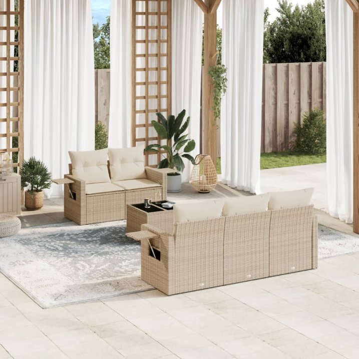 6-tlg. Garten-Sofagarnitur mit Kissen Schwarz Poly Rattan