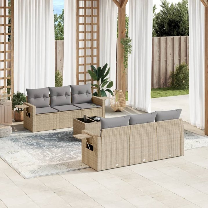 7-tlg. Garten-Sofagarnitur mit Kissen Schwarz Poly Rattan
