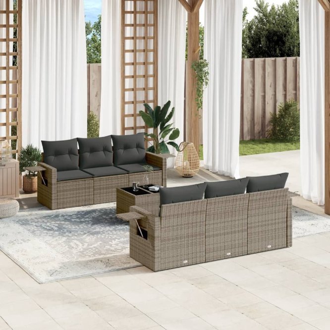 7-tlg. Garten-Sofagarnitur mit Kissen Schwarz Poly Rattan