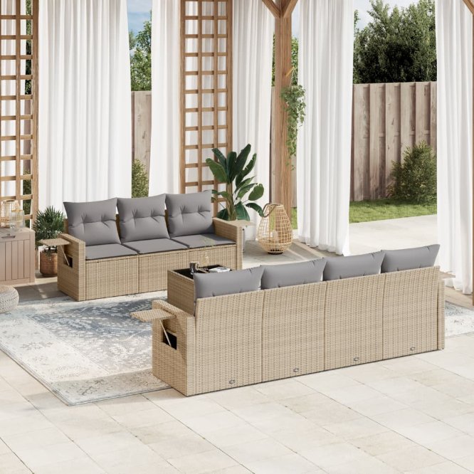 8-tlg. Garten-Sofagarnitur mit Kissen Schwarz Poly Rattan