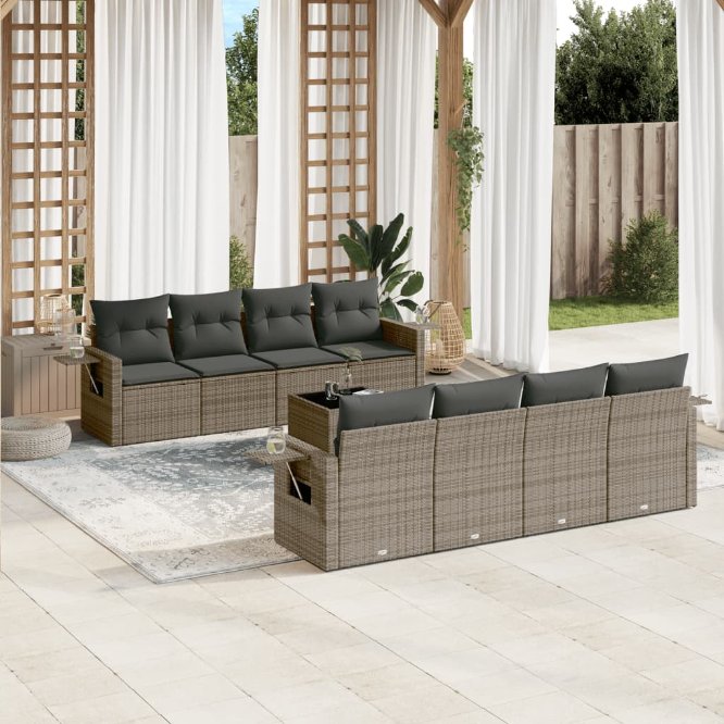 9-tlg. Garten-Sofagarnitur mit Kissen Schwarz Poly Rattan